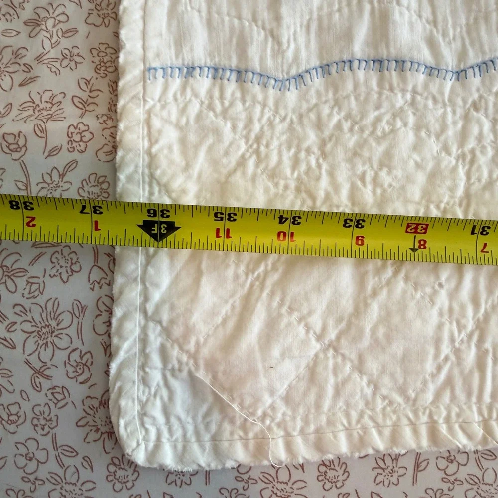 Vintage Hand Embroidered Baby Quilt White Cotton Kittens Birds Floral 54x36
